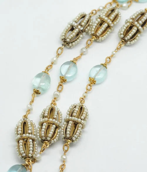 Aquamarine and pearl long chain